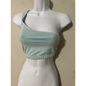 Back Beat Co One Shoulder Crop Top Light Blue Organic Cotton Blend XS